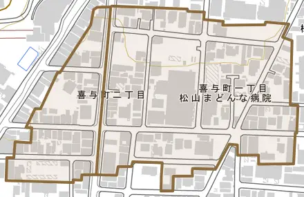 喜与町とその周辺の地図。町の範囲を重ねている