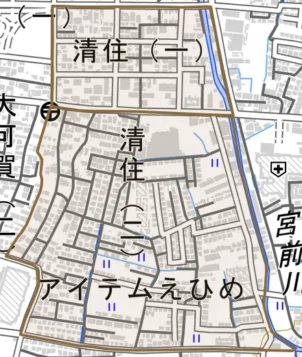 清住とその周辺の地図。町の範囲を重ねている