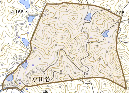小川谷とその周辺の地図。町の範囲を重ねている