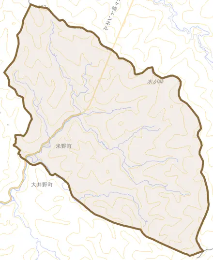 米野町とその周辺の地図。町の範囲を重ねている
