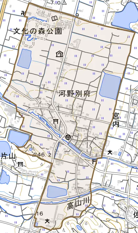 河野別府とその周辺の地図。町の範囲を重ねている