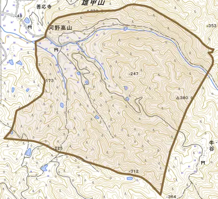 河野高山とその周辺の地図。町の範囲を重ねている