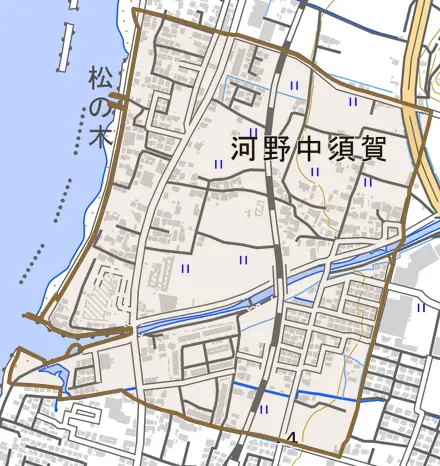 河野中須賀とその周辺の地図。町の範囲を重ねている