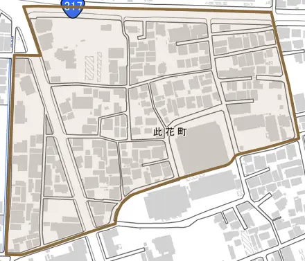 此花町とその周辺の地図。町の範囲を重ねている