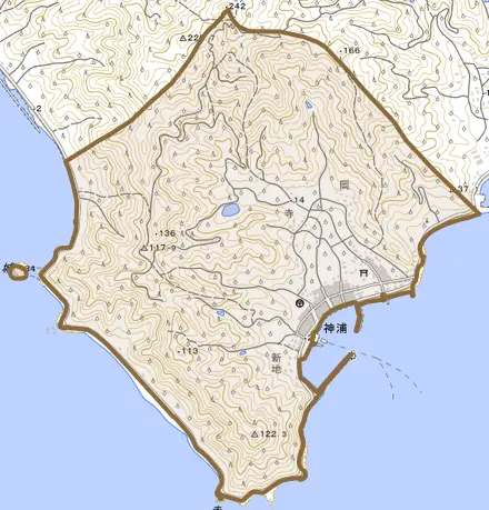 神浦とその周辺の地図。町の範囲を重ねている