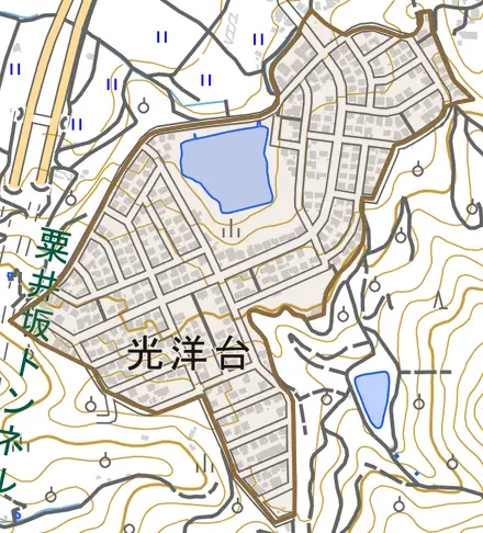 光洋台とその周辺の地図。町の範囲を重ねている