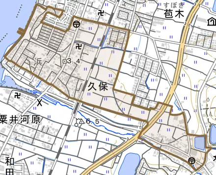 久保とその周辺の地図。町の範囲を重ねている