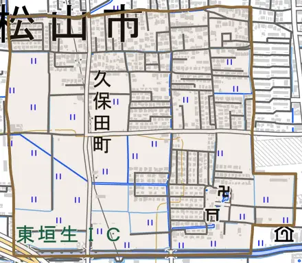 久保田町とその周辺の地図。町の範囲を重ねている