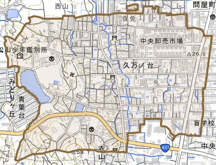 久万ノ台とその周辺の地図。町の範囲を重ねている