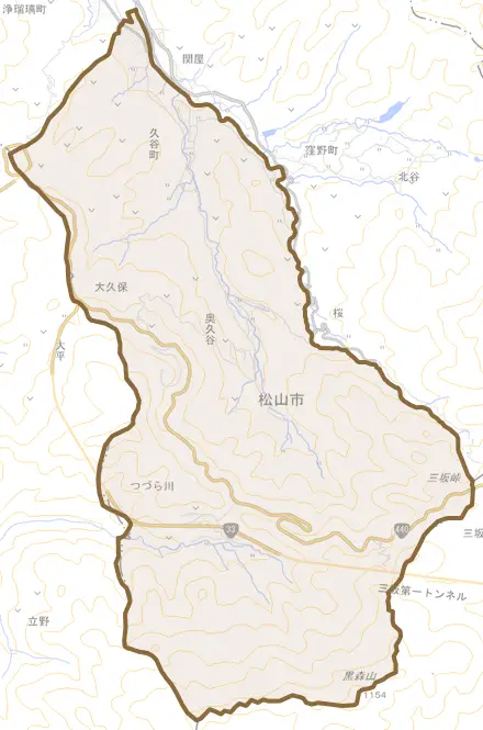 久谷町とその周辺の地図。町の範囲を重ねている