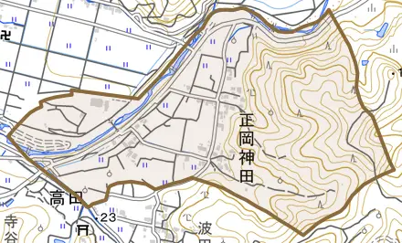 正岡神田とその周辺の地図。町の範囲を重ねている