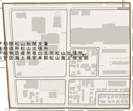 松江町とその周辺の地図。町の範囲を重ねている