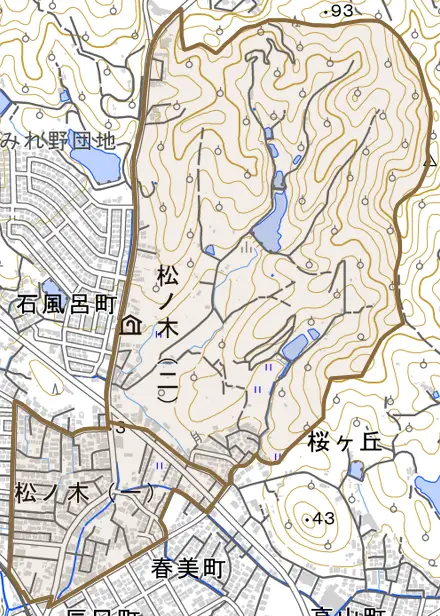 松ノ木とその周辺の地図。町の範囲を重ねている