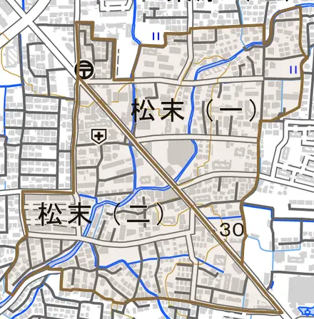 松末とその周辺の地図。町の範囲を重ねている