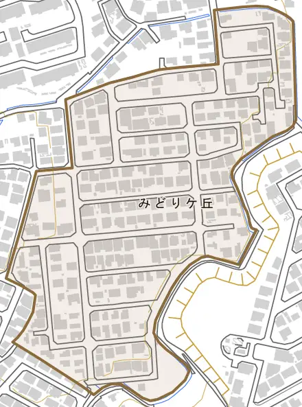 みどりケ丘とその周辺の地図。町の範囲を重ねている