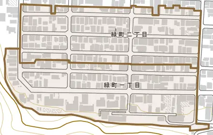 緑町とその周辺の地図。町の範囲を重ねている