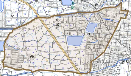 水泥町とその周辺の地図。町の範囲を重ねている