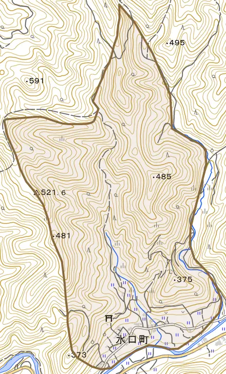 水口町とその周辺の地図。町の範囲を重ねている