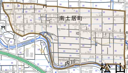 南土居町とその周辺の地図。町の範囲を重ねている