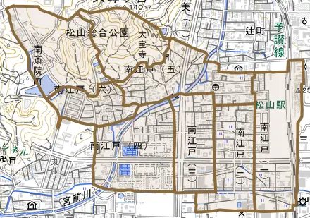 南江戸とその周辺の地図。町の範囲を重ねている