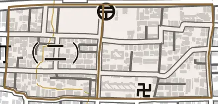 南町とその周辺の地図。町の範囲を重ねている