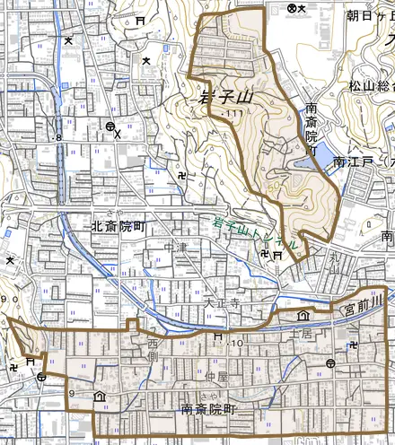 南斎院町とその周辺の地図。町の範囲を重ねている