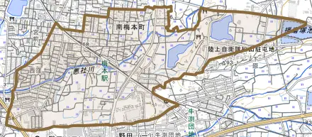 南梅本町とその周辺の地図。町の範囲を重ねている