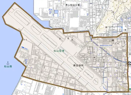 南吉田町とその周辺の地図。町の範囲を重ねている