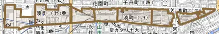 湊町とその周辺の地図。町の範囲を重ねている