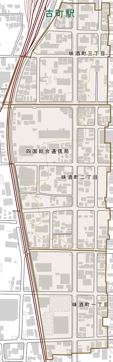 味酒町とその周辺の地図。町の範囲を重ねている