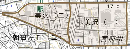 美沢とその周辺の地図。町の範囲を重ねている