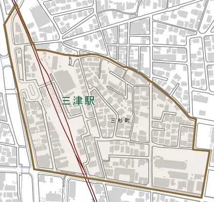 三杉町とその周辺の地図。町の範囲を重ねている