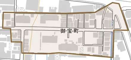御宝町とその周辺の地図。町の範囲を重ねている