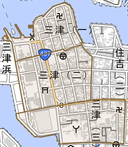 三津とその周辺の地図。町の範囲を重ねている