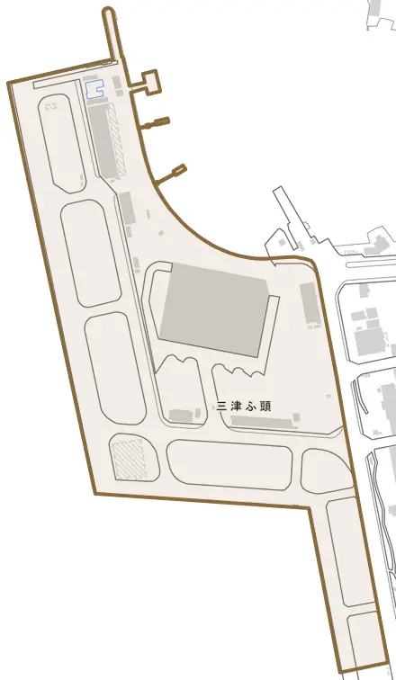 三津ふ頭とその周辺の地図。町の範囲を重ねている