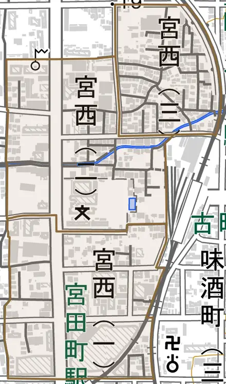 宮西とその周辺の地図。町の範囲を重ねている