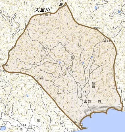 宮野とその周辺の地図。町の範囲を重ねている