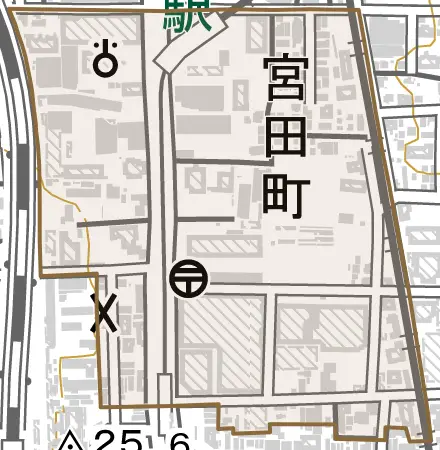 宮田町とその周辺の地図。町の範囲を重ねている