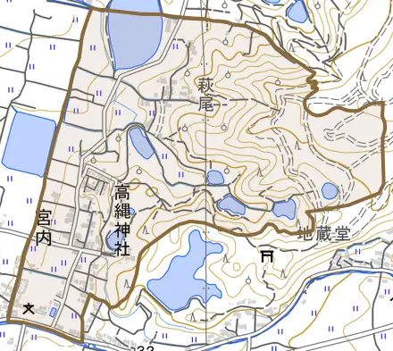 宮内とその周辺の地図。町の範囲を重ねている