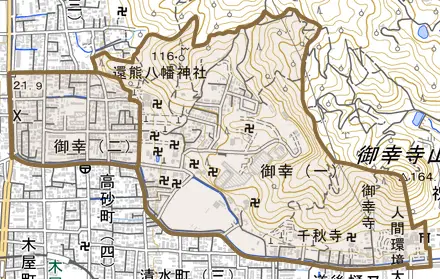 御幸とその周辺の地図。町の範囲を重ねている