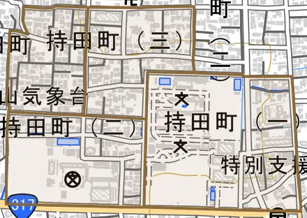 持田町とその周辺の地図。町の範囲を重ねている