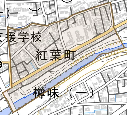 紅葉町とその周辺の地図。町の範囲を重ねている