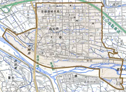 森松町とその周辺の地図。町の範囲を重ねている