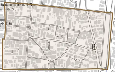 元町とその周辺の地図。町の範囲を重ねている