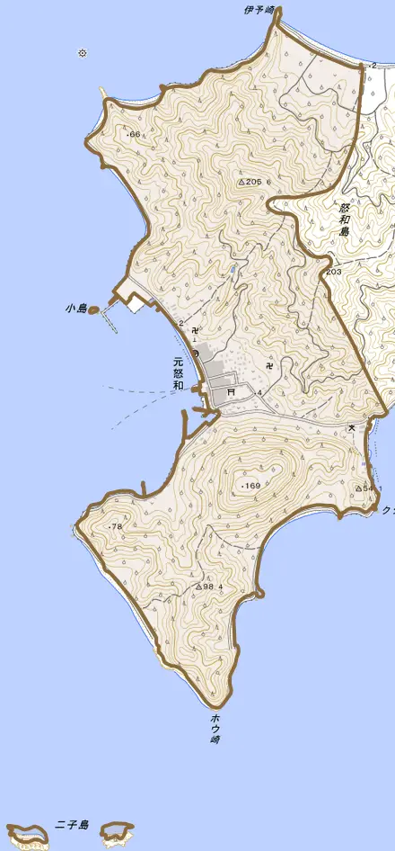 元怒和とその周辺の地図。町の範囲を重ねている