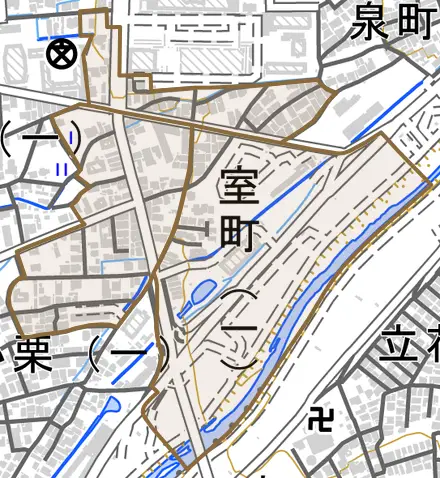 室町とその周辺の地図。町の範囲を重ねている