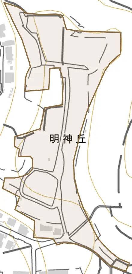 明神丘とその周辺の地図。町の範囲を重ねている