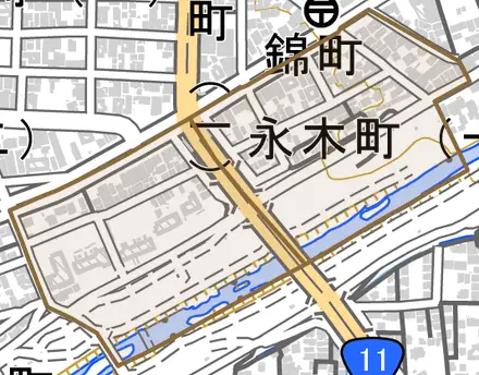永木町とその周辺の地図。町の範囲を重ねている