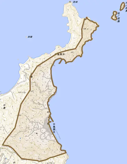 中島粟井とその周辺の地図。町の範囲を重ねている