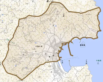 中島大浦とその周辺の地図。町の範囲を重ねている